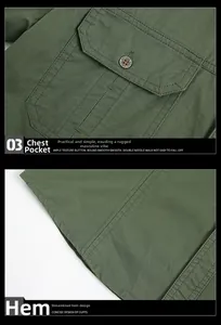 Detail view of cotton military shirt featuring chest flap pocket and premium buttons