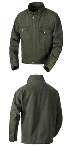Front and back views of a dark olive green military canvas cargo jacket with stand collar