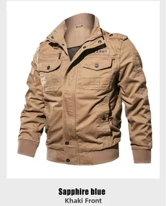 Close-up of khaki military style jacket featuring U.S. ARMY patch and tactical pockets