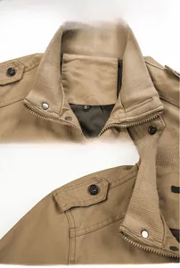 Detail of khaki military style jacket showing ribbed stand collar and shoulder epaulets
