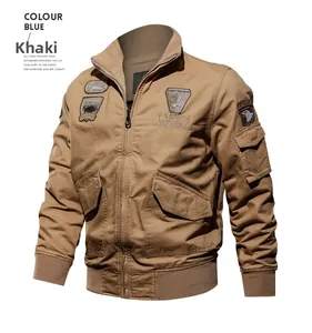 Close-up of khaki tactical bomber jacket featuring military patches and ribbed cuffs