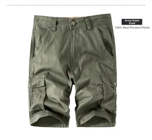 Detail view of military green cargo shorts featuring durable side pockets and stitching