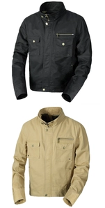 Detail of cargo jacket showing stand collar, front zippers, and utility pockets in two colors