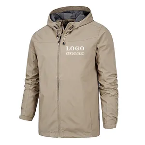 Men's khaki waterproof hooded windbreaker outdoor jacket for hiking and mountain sports