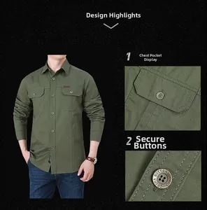 Detailed close-up of army green tactical shirt featuring double flap pockets and durable buttons