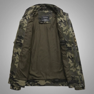 Men's camouflage military jacket with stand collar and woodland pattern embroidery