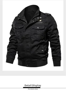 Detail view of U.S. ARMY embroidery and shoulder epaulettes on black tactical jacket
