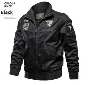 Detail of military style patches and high-density cotton fabric on black bomber jacket