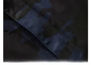 Detailed macro view of camo cargo shorts placket with professional double-needle stitching
