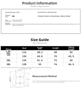Detailed size guide for casual work jackets showing measurements in centimeters for L-3XL