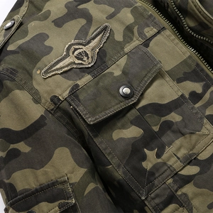 Men's camouflage military jacket featuring chest wing embroidery and cargo pockets