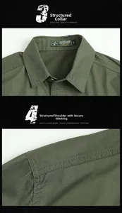 Detail view of army green cargo shirt collar with double stitching and durable twill fabric