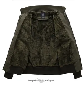 Detail of army green winter jacket featuring thick dark brown fleece lining for warmth