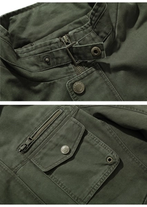 Detail of military green cotton jacket showing windproof stand collar and metal zipper