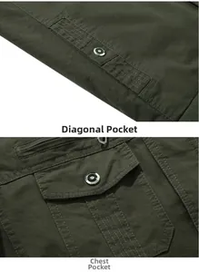 Detail of military green cotton jacket featuring side slit and buttoned flap chest pockets