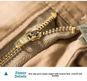 Detailed macro view of heavy-duty copper zipper with non-slip locking for cargo shorts