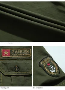 Detail of military green cotton fabric with tactical embroidery patches and engraved buttons