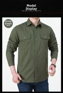 Front view of army green cotton cargo shirt with double chest pockets for men