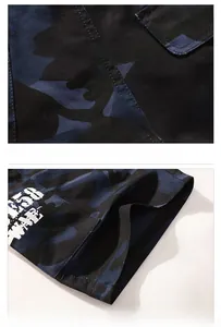 Macro detail of camouflage cargo shorts featuring reinforced stitching and printed numbers