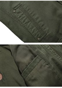 Detail view of army green military jacket featuring heavy stitching and metal rivet buttons
