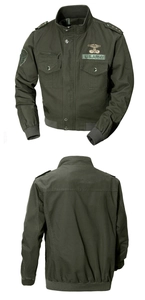 Detail view of army green military bomber jacket with U.S. ARMY embroidery and patches