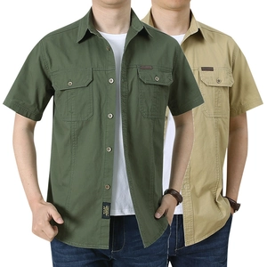 Men's 100% Cotton Short Sleeve Utility Workwear Shirt With Double Chest Pockets Casual Loose Button Down Urban Fashion Shirt