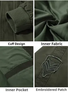 Detailed view of military jacket ribbed cuffs, soft lining, inner pocket and arm badge