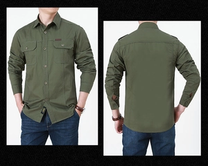Detailed front and back views of an army green military style cotton shirt with chest pockets