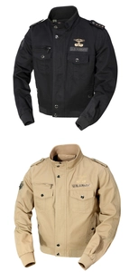 Detail of US Army style tactical jackets in black and khaki with military pockets