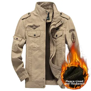 Detail view of khaki military jacket featuring thick faux fur lining and embroidered patches