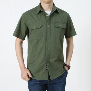 Men's military style short sleeve cotton shirt in army green with dual chest pockets