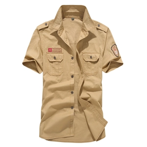 Men's Military Style Cotton Short Sleeve Shirt Slim Fit Embroidered Cargo Workwear Shirt With Badges Outdoor Casual Top