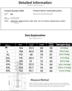Size chart for military tactical jacket from M to 6XL with precise measurements