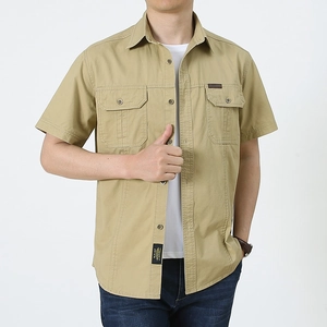 Men's khaki cotton military short sleeve shirt with double chest pockets and outdoor style