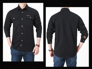 Front and back view of men's black cotton cargo shirt with dual breast pockets and flaps