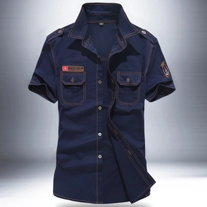 Slim fit men's dark blue cotton short sleeve cargo shirt with embroidered badges