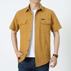 Men's cotton mustard yellow short sleeve cargo shirt with dual chest pockets