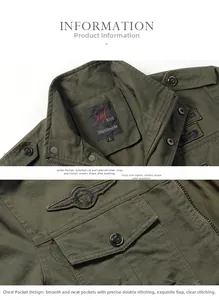 Detailed view of army green cotton jacket featuring tactical chest pockets and military badges