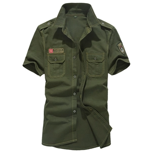 Army green slim-fit short-sleeve cotton military shirt with epaulettes and chest pockets