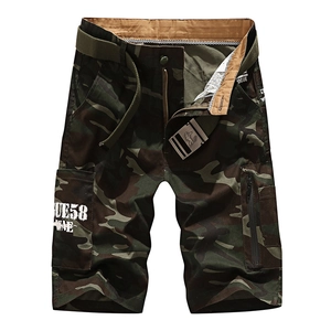 Men's Summer Cotton Cargo Shorts Loose Fit Multi-Pocket Camouflage Mid-Length Shorts With Belt For Beach Outdoor Casual Wear