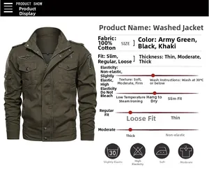 Detail view of military green cotton jacket showing workwear style and material specs