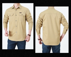 Front and back view of khaki cotton utility shirt with double chest pockets and lapels