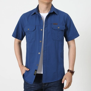 Men's navy blue short sleeve cotton military shirt with tactical pockets and casual fit