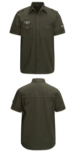 Detailed front and back view of olive green military cotton shirt with badges and epaulets