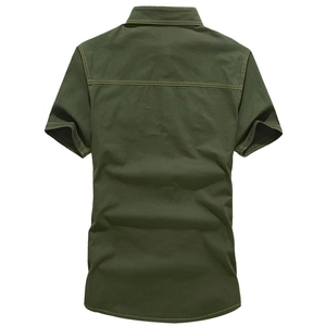 Men's olive green military style cotton shirt featuring contrast yellow stitching on back