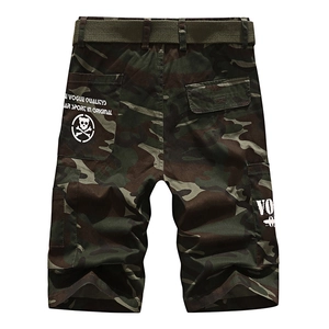 Men's relaxed cargo shorts in army green camouflage with multi-pockets and a web belt