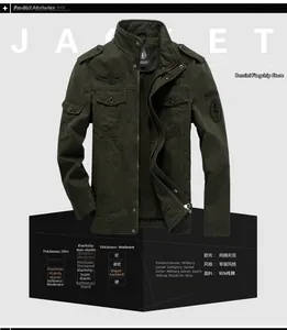 Detailed view of dark army green cotton jacket showing slim fit cut and mandarin collar