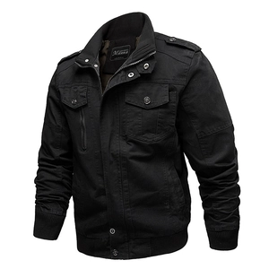 Men's black tactical military jacket with multi-pockets and ribbed cuffs, 3/4 side view