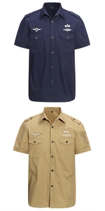 Close-up of military cargo cotton shirts with flap pockets and airborne embroidery patches