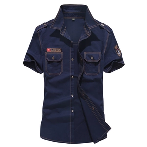 Men's slim fit navy blue cotton short sleeve military style shirt with epaulets